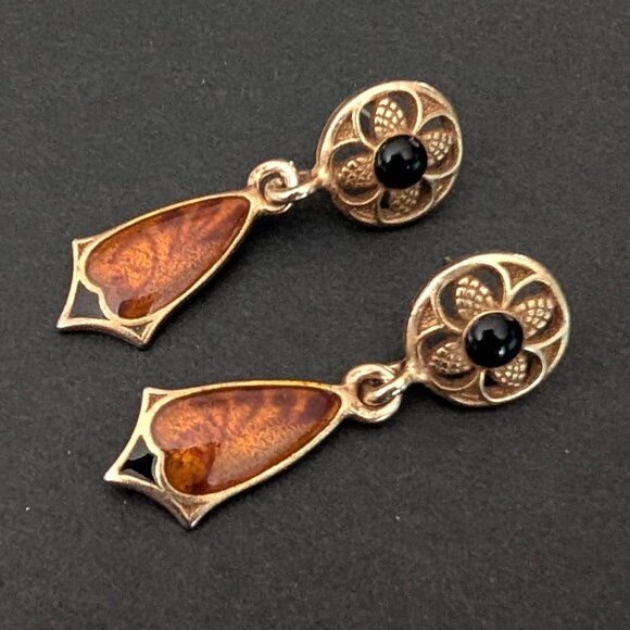 Gold tone dangle earrings with copper and black enamel and black bead accents - Picture 5 of 5